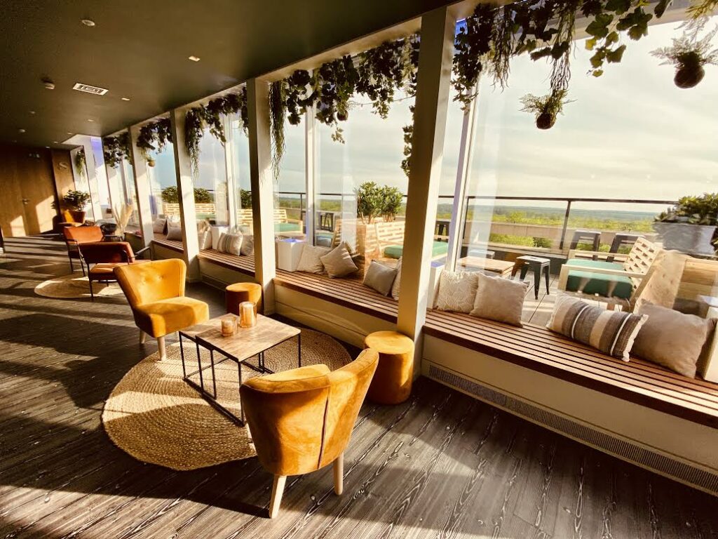 Terrasse et espaces de réunions avec vue à 360° sur la canopée de la forêt de Soignes