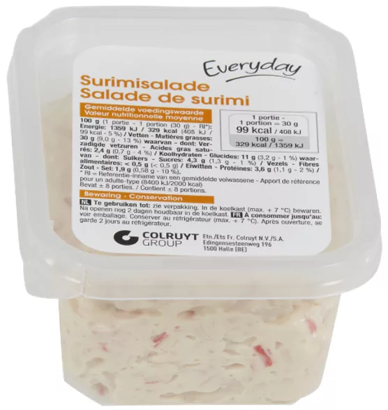 Avertissement de Colruyt: Salade de surimi (250g) de la marque Everyday.