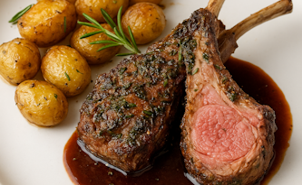 Côtes d’agneau rôties aux herbes, ail confit et jus