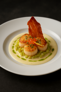 Coquilles Saint-Jacques rôties, émulsion au Champagne, tombée de poireaux et chips de pancetta