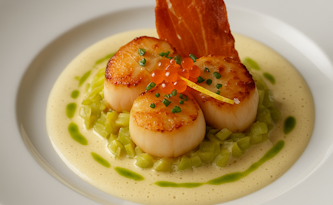 Coquilles Saint-Jacques rôties, émulsion au Champagne