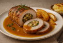 Rôti de porc farci aux herbes et sa sauce au vin blanc et pommes