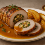 Rôti de porc farci aux herbes et sa sauce au vin blanc et pommes