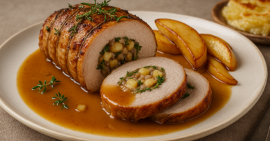 Rôti de porc farci aux herbes et sa sauce au vin blanc et pommes