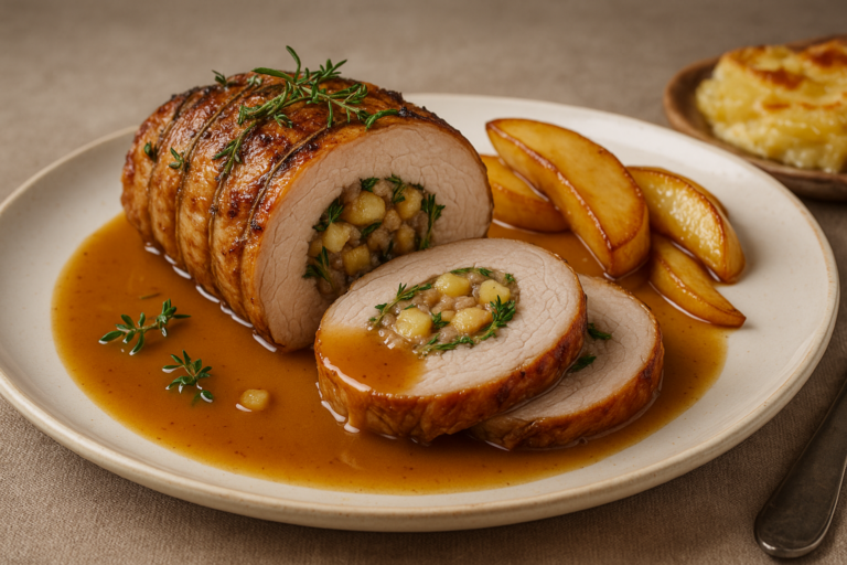 Rôti de porc farci aux herbes et sa sauce au vin blanc et pommes