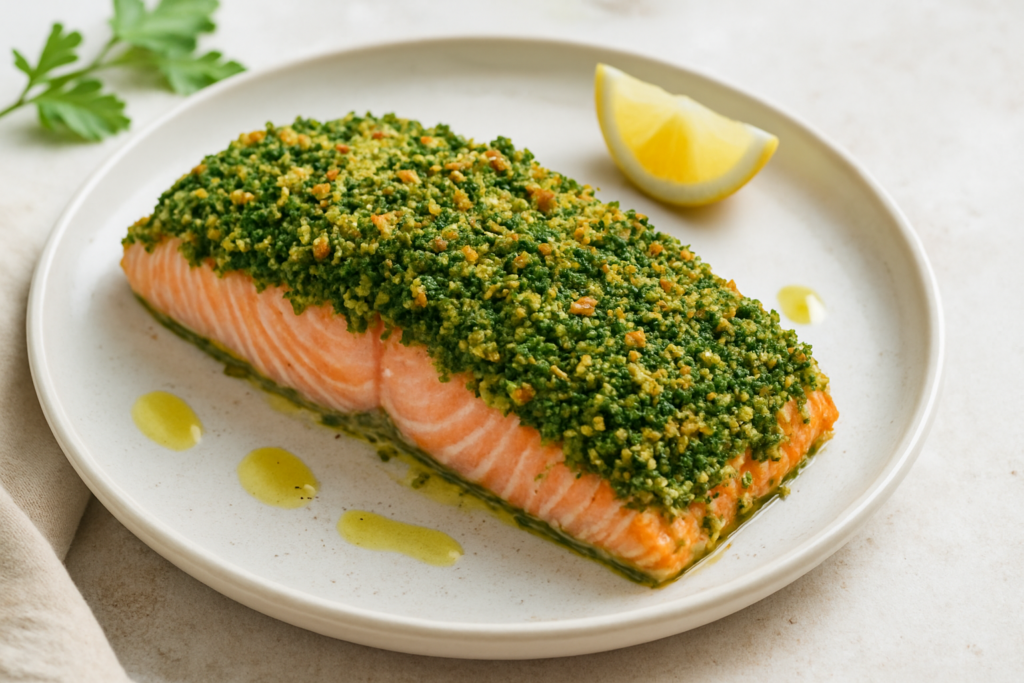 Saumon en croûte d’herbes et citron confit