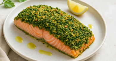 Saumon en croûte d’herbes et citron confit