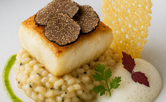Turbot confit, risotto de céleri truffé, écume de champagne