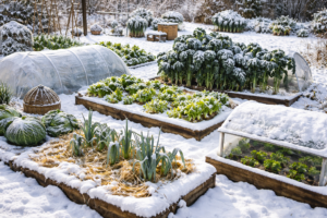 Jardin dhiver sous la neige