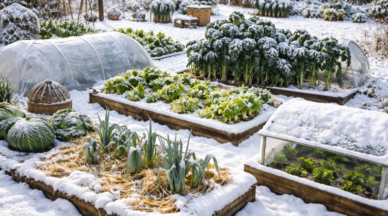 Jardin dhiver sous la neige
