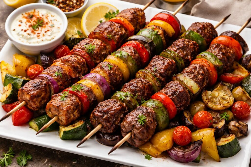 Kebabs grilles avec legumes rotis