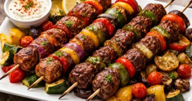 Kebabs grilles avec legumes rotis