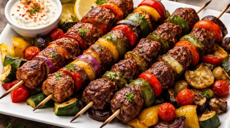Kebabs grilles avec legumes rotis