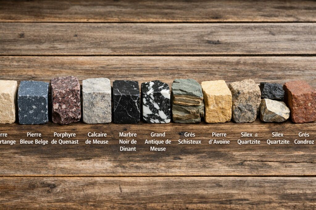 Pierre belge en rangée sur bois