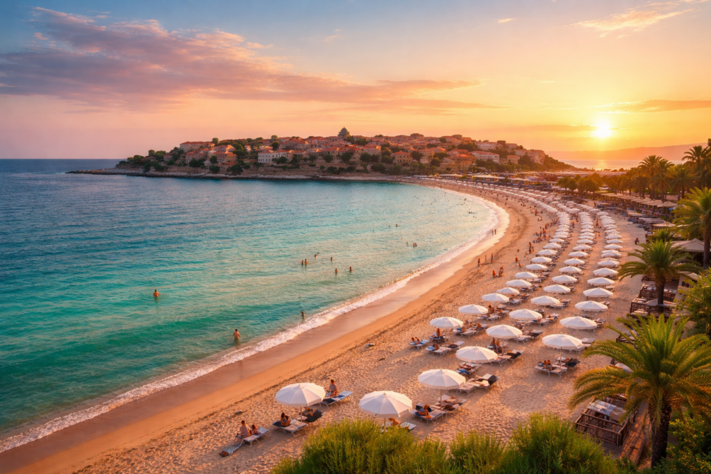 Plage ensoleillee a Nessebar au coucher du soleil