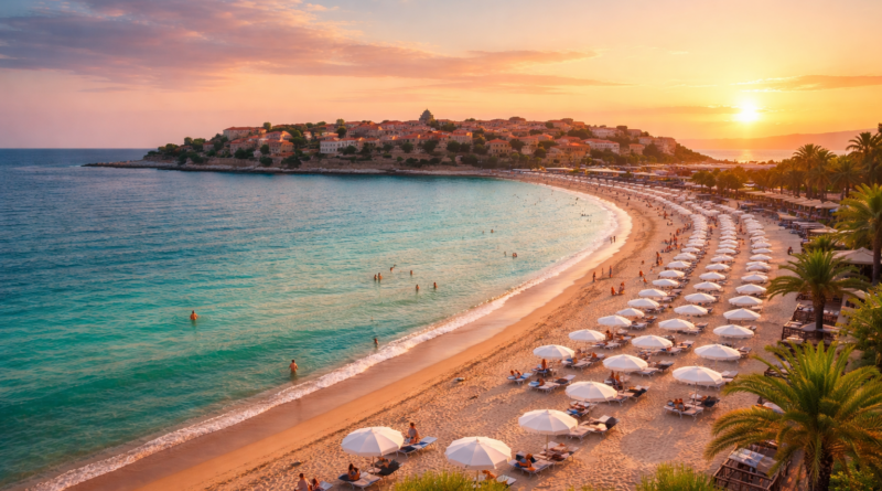 Plage ensoleillee a Nessebar au coucher du soleil