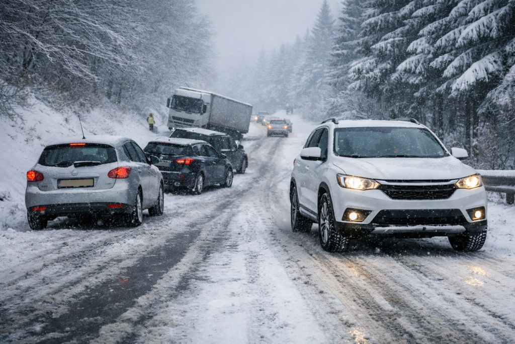 Route enneigee et vehicules immobilises