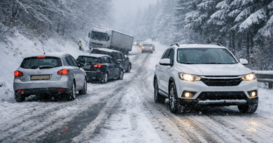 Route enneigee et vehicules immobilises