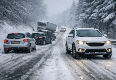 Route enneigee et vehicules immobilises