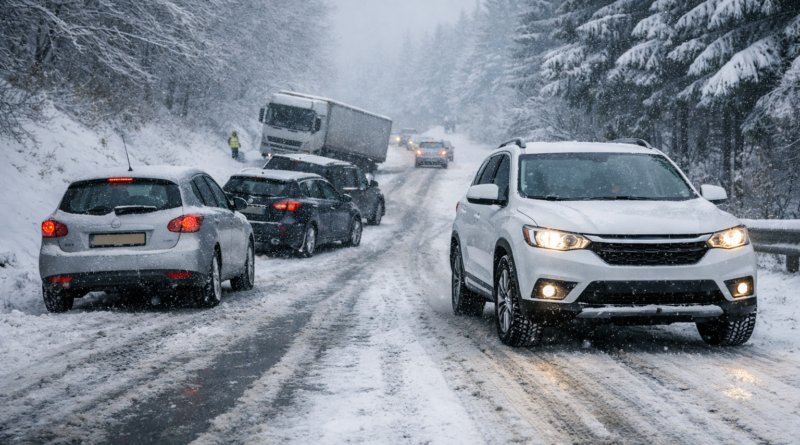 Route enneigee et vehicules immobilises