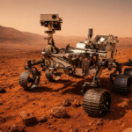 Rover Perseverance sur Mars sous le soleil couchant