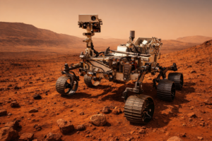 Rover Perseverance sur Mars sous le soleil couchant