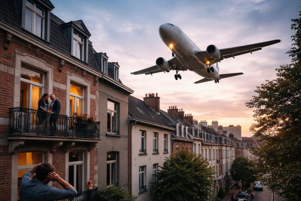 Avion au dessus des maisons bruxelloises