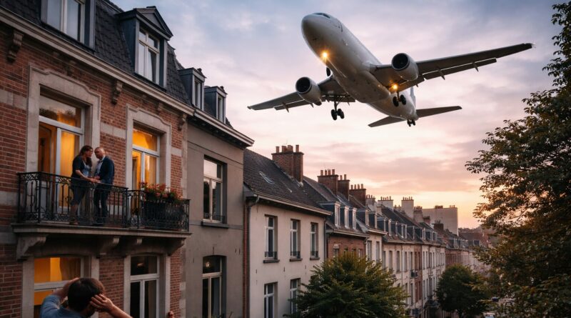 Avion au dessus des maisons bruxelloises