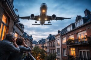 Avion en approche sur Bruxelles au crepuscule