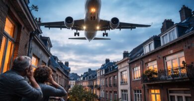 Avion en approche sur Bruxelles au crepuscule