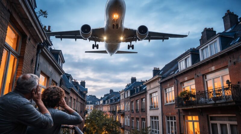 Avion en approche sur Bruxelles au crepuscule
