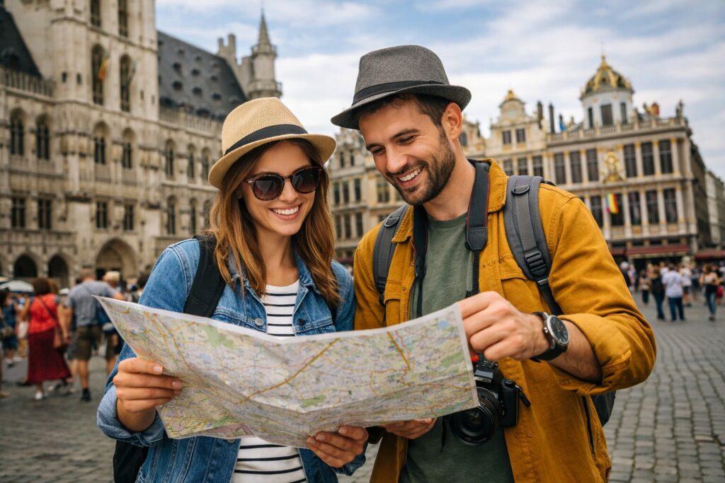 Couple explore la Grand Place de Bruxelles