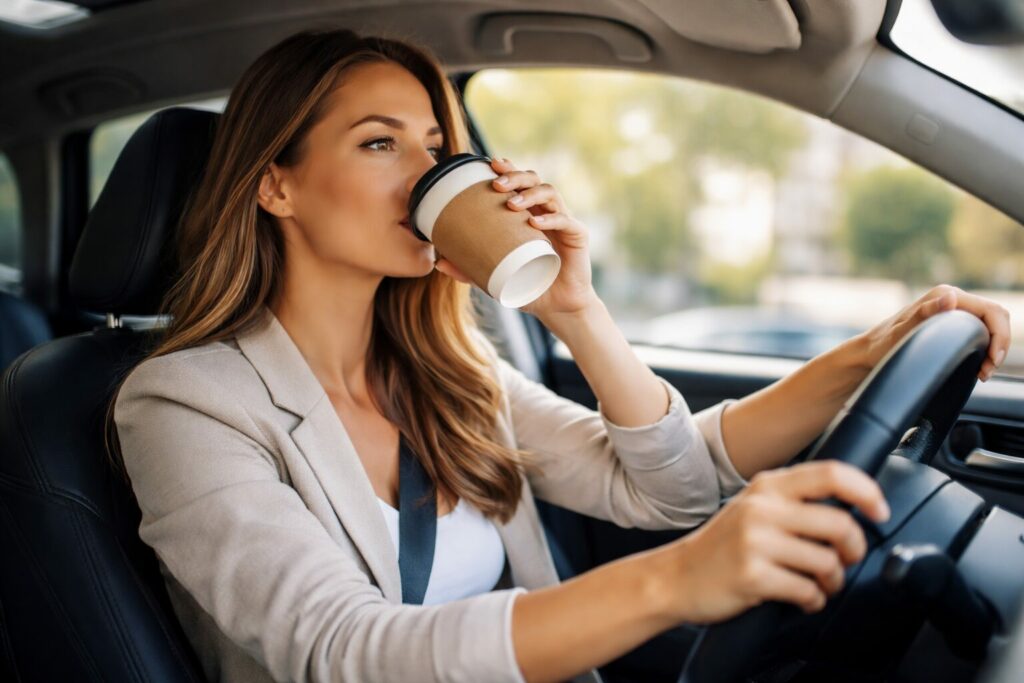 Femme au volant avec un cafe