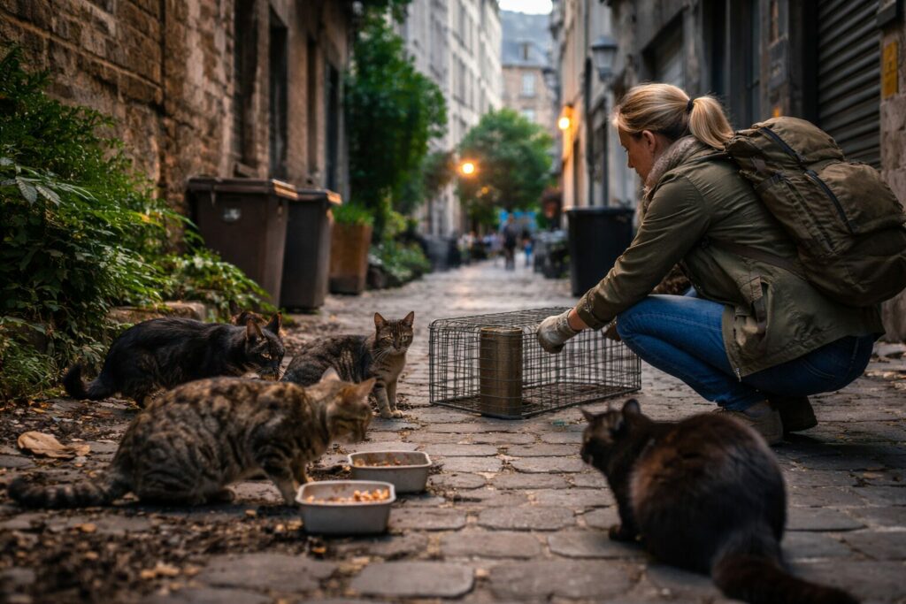 Femme nourrissant les chats errants a Bruxelles