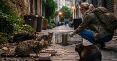 Femme nourrissant les chats errants a Bruxelles