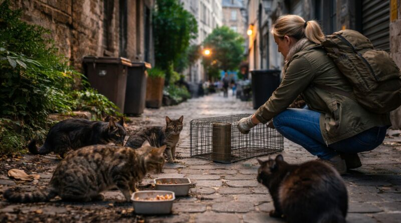 Femme nourrissant les chats errants a Bruxelles