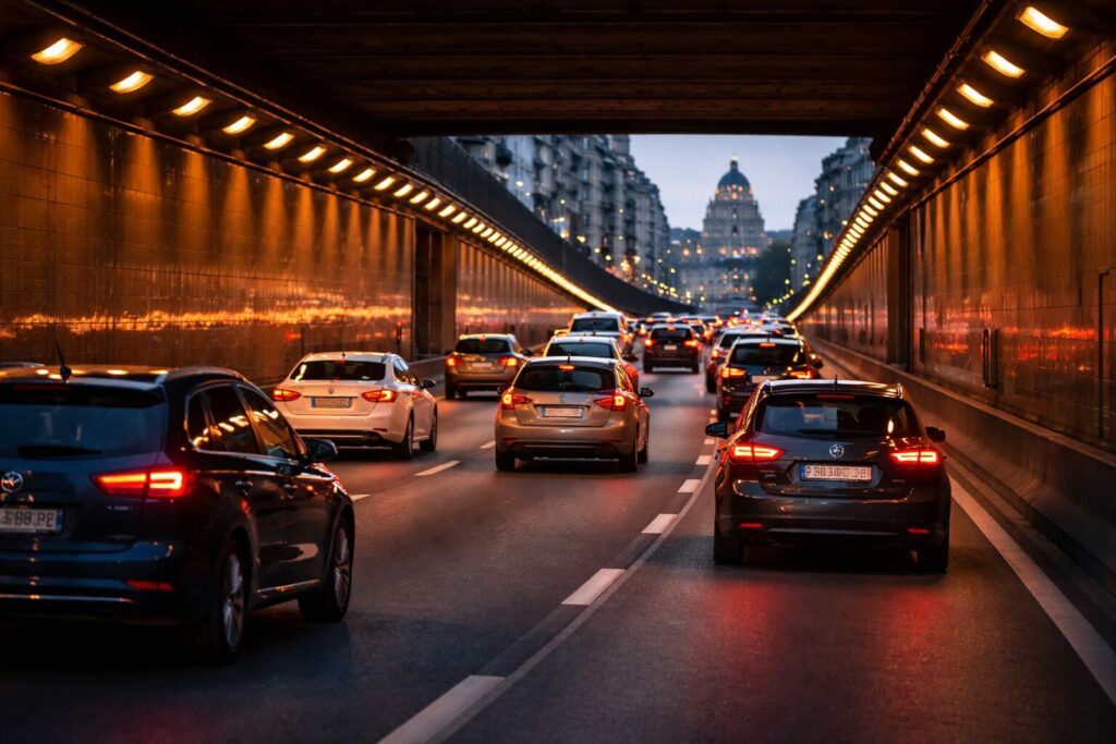 Tunnel anime a Bruxelles au crepuscule